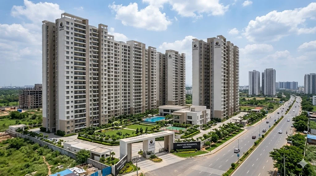 Exterior view of premium luxury apartments by Prestige Group located in the highly connected residential hub of Narsingi, Hyderabad.